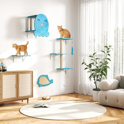 5 Pcs Wall-Mounted Climber Set, Wood Indoor with Shelves and Perches, Ladder, Condo House, Scratching Board and Tree, Wall Shelves Furniture for Cats (Ocean Blue) - color: Ocean Blue