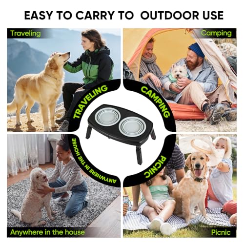 Elevated Dog Bowls Stand, 3 Height Adjustable Raised Dog Bowl with Collapsible Silicone Bowls, Non-Slip Stand for Small, Medium, Large Dogs & Pets