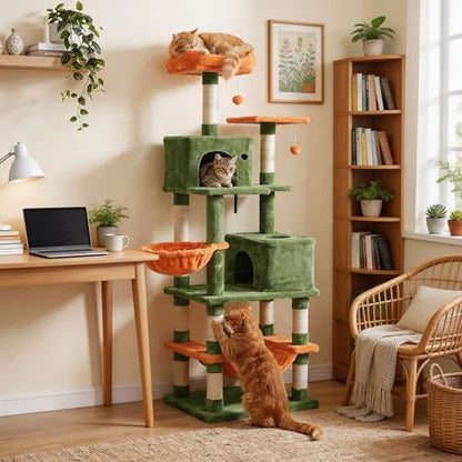 PETSITE 66 Inches Tall Cat Tree, Multi-Level Cat Tower with Sisal Scratching Posts, Side Basket, 2 Comfy Condos, Hammock, Soft Padded Top Perch, and Hanging Balls, Ideal for Indoor Cats (Green) - color: Green