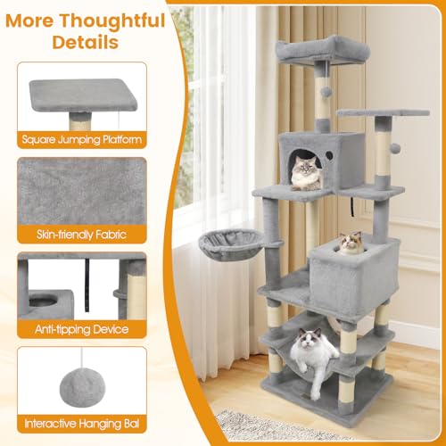PETSITE 66 Inches Tall Cat Tree, Multi-Level Cat Tower with Sisal Scratching Posts, Side Basket, 2 Comfy Condos, Hammock, Soft Padded Top Perch, and Hanging Balls, Ideal for Indoor Cats (Grey) - color: Grey