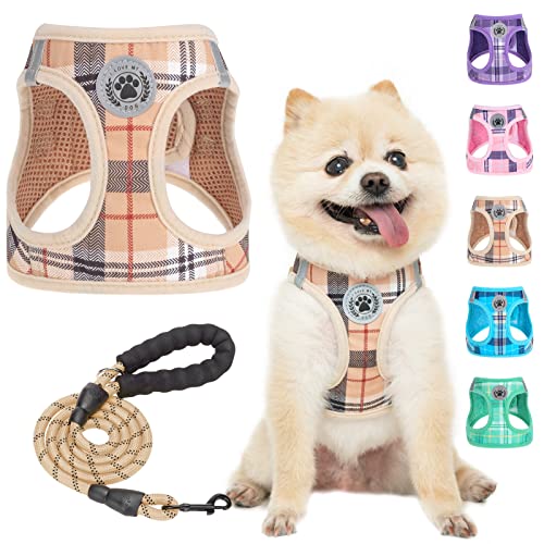 BEAUTYZOO Small Dog Harness and Leash Set,Step in No Choke No Pull Soft Mesh Dog Harnesses Reflective for Extra-Small Medium Puppy Dogs and Cats, Plaid Dog Vest Harness for XS S Pets, Beige XS - color: Beige, size: XSmall(Chest Girth 13" - 14.5")