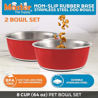 Master Pet Supply Stainless Steel Dog Bowls Set of 2 (64 Oz Each) with Non-Slip Rubber Base - Crimson Flame - Basic Dog Food Bowl Water & Food Bowls for Small Medium Large Dogs & Cats, Metal Dish - color: Crimson Flame, size: 8 Cups (64 oz) 2 Pack