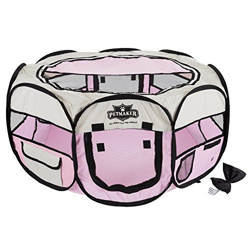 Portable Puppy Playpen - Small Pop-Up Play Yard for Pets Up to 25lbs with Mesh Windows, 2 Pockets, Zippered Roof, and Carry Bag by PETMAKER (Pink)