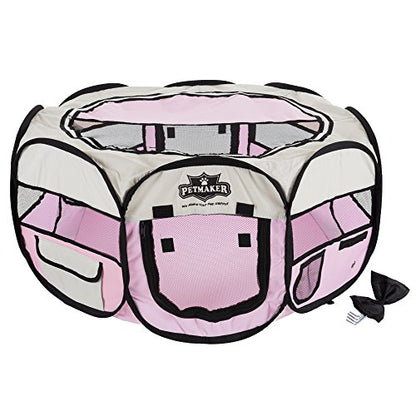 Portable Puppy Playpen - Small Pop-Up Play Yard for Pets Up to 25lbs with Mesh Windows, 2 Pockets, Zippered Roof, and Carry Bag by PETMAKER (Pink)