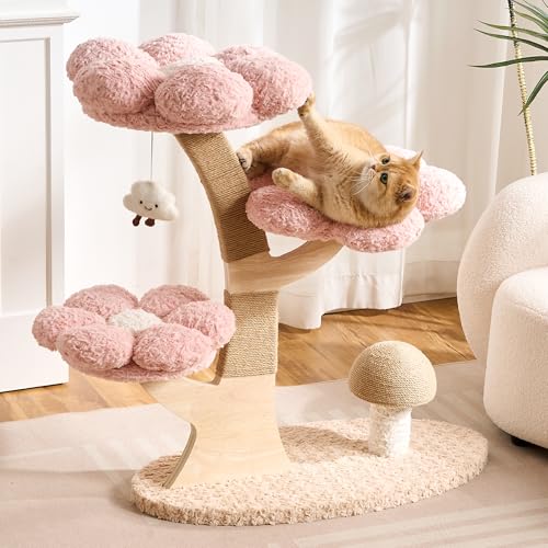 797Audio Flower Cat Tree, 37" Wood Branch Cat Tower, Pink Cloud Cat Tree with Scratching Post for Indoor Adult Cats, Luxury Cat Tree with Mushroom Cat Scratcher & Interactive Squeaky Toy - color: Pink, size: 37"-Mushroom