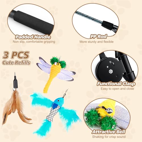 Pawaboo Cat Feather Toys, 4 Pack Interactive Cat feather Teaser Wand Toys, Retractable Fishing Pole Wand Catcher Exerciser with Refill Fish, Dragonfly Worm with Bells, Fun Cat Kitten Kitty Playing Toy - color: Bionic Brown Feather