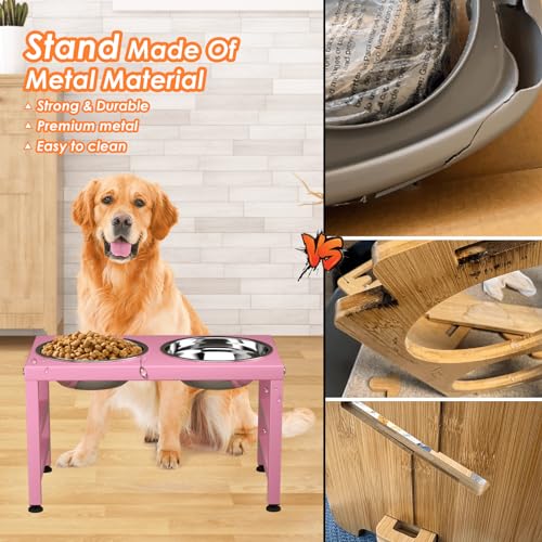 ADENGL Pink Metal Raised Dog Bowl Stand for Large Dogs, Stronger Elevated Dogs Bowls with Sprill Proof Mat, Food & Water Bowl 10in Tall Feeder (42OZ-Stainless Steel Dog Bowls, Mat-12x19 in) - color: Pink - L Silicone Dog Mat, size: Height-10inch
