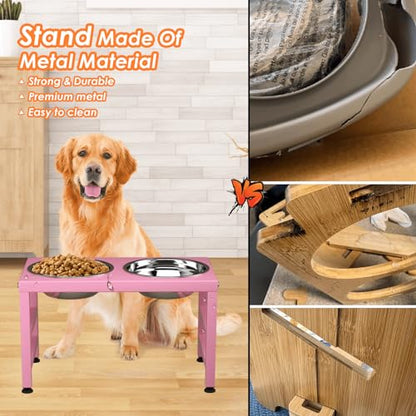 ADENGL Pink Metal Raised Dog Bowl Stand for Large Dogs, Stronger Elevated Dogs Bowls with Sprill Proof Mat, Food & Water Bowl 10in Tall Feeder (42OZ-Stainless Steel Dog Bowls, Mat-12x19 in) - color: Pink - L Silicone Dog Mat, size: Height-10inch