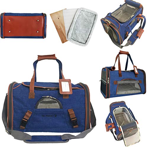 Mr. Peanut's Airline Approved Soft Sided Pet Carrier, Low Profile Gold Series Tote, Premium Brand Self Locking Zippers, Under Seat Compatibility, Plush Faux Fleece Bedding with a Sturdy Plywood Base - color: Deja Blue