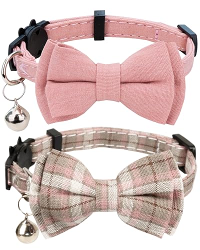 Cat Collar Breakaway Bowtie Safety with Bell Adjustbale Kitten Puppy Solid Plaid Color Set D-[2pcs] Pink-2 - color: D-[2pcs] Pink-2