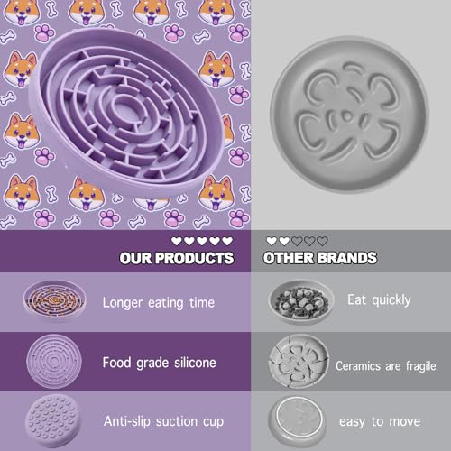 Silicone Slow Feeder Bowl, with Non-Slip Suction Cups, Anti-Choking, Puppy Puzzle Bowl, Slows Down Eating Speed, Relieves Anxiety, Suitable for S&M Sized Dogs and Cats(Purple) - color: Purple
