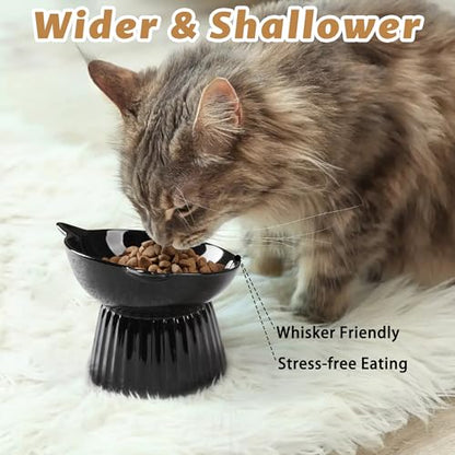 Ceramic Raised Cat Bowl，Tilted Raised Bowl Anti Vomit for Indoor Cats Whisker Friendly Pet Feeder for Cats Puppies, Microwave and Dishwasher Safe (Black) - color: Black