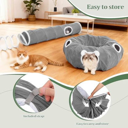 Ownpets 2-in-1 Cat Tunnel, Large Lollipop Shape Cat Tunnel Toy with Fluffy Balls, Spiral Toy, Plush Collapsible Cat Cave Hideout Donut Tunnel for Multi Kitten Puppy Rabbit (Grey) - color: Grey