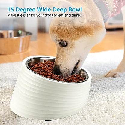 Uppetly Tilted Angle Dog Bowl, 15° Slanted Stainless Steel Dog Cat Food Bowl, Non-Slip & Non-Spill Pet Feeder with Elevated Detachable Melamine Stand, Easy to Get Food Dish, Large 2 Cup White - color: White-2Cup