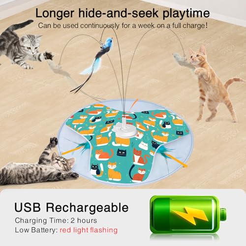 Interactive Cat Toy, Rechargeable Automatic Cat Toys for Indoor Cats, Motion Activated Hide and Seek Toy with Bird Cat Wand, Moving Feather for Bored Indoor Cats/Kittens (Kitty Cat Toy)