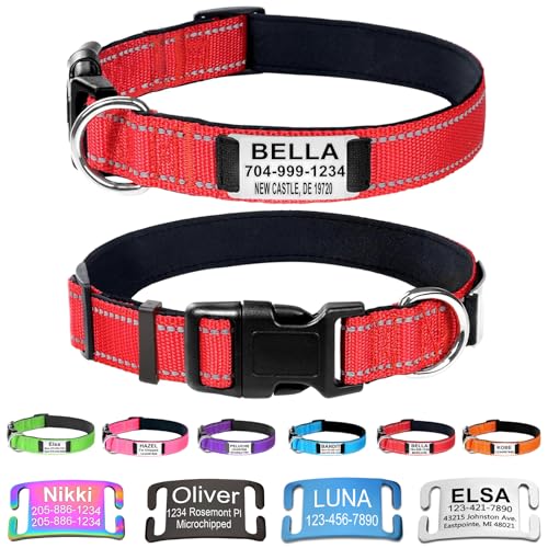 Custom Dog Collars with Name Plate, Engraved Name Plate ID Tags with Reflective Nylon Dog Collar,Soft Neoprene Padded Adjustable Pet Collar for Small Medium Large Dogs,S Red - color: Red, size: S(10-16") x 3/4"
