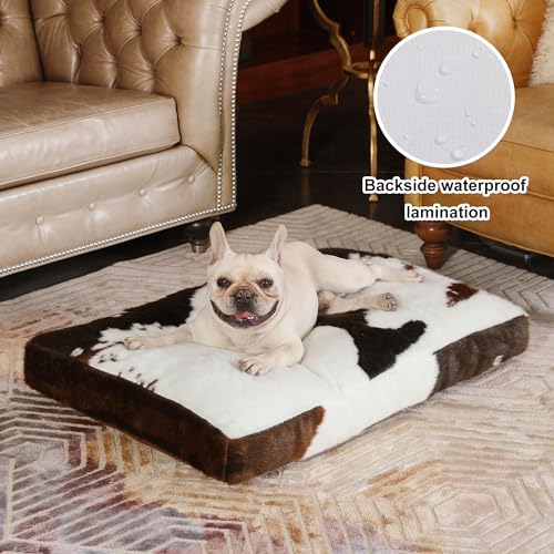 Bedfolks Waterproof Dog Crate Bed,Plush Dog Bed with Removable Washable Cover,Faux Fur Dog Crate Pad for Medium Dogs,Fluffy Dog Kennel Bed 29"x21",Cow Print - color: Cow Print, size: Medium(29x21'')
