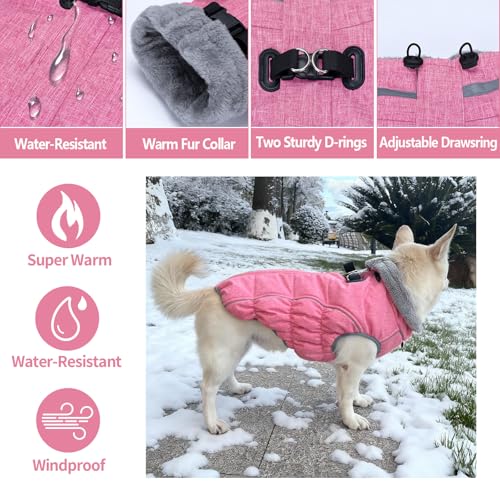 Dog Coat, Reflective Dog Jacket Waterproof Windproof Puppy Cold Weather Coats with Harness Built in, Winter Extra Warm Pet Coat Fleece Vest for Small Large Pets and Puppy (Pink, XXX-Large) - color: Pink, size: XXX-Large