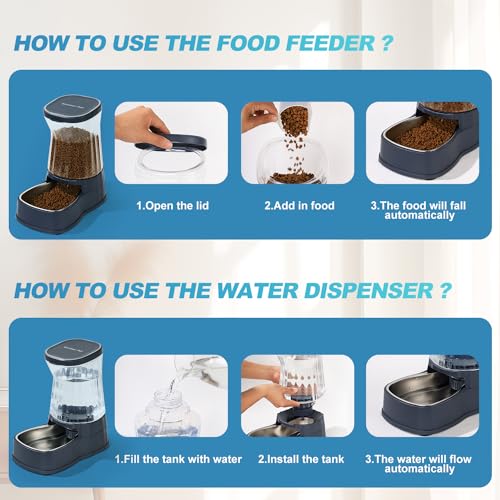 Gardner Pet Automatic Dog Water Dispenser Gravity Stainless Steel Waterer & Food Feeder Set, 100% BPA Free Large Capacity Feeding Bowls for Medium & Large-Sized Dogs Cats Other Pets -(1 Gallon x2) - color: Dark Grey-Sets, size: 1 Gallon (Water & food disp