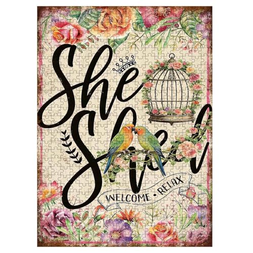 1000 Pieces Jigsaw Puzzles for Adults, She Shed Welcome Relax Lovebird Flower Art Puzzle, Stress Relief Logical Thinking Brain Teaser Puzzle 29.5x19.7 Inch - color: Wooden Puzzle16, size: 1000 Piece pcs