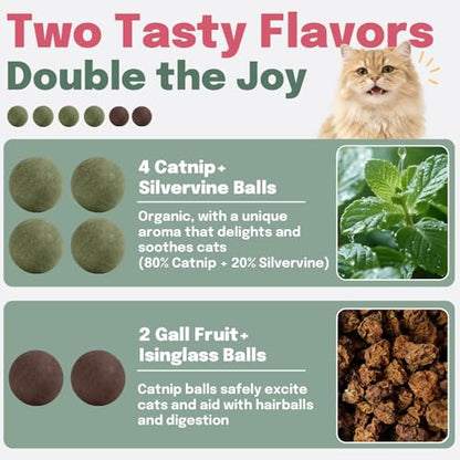 Cat Nip Balls, 4 Catnip Balls and 2 Gall Fruit Balls, Catnip Licking Ball Toys for Indoor Cats