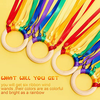 Sumind 6 Pcs Rainbow Ribbon Hand Kites Wands for Kids Dancer Streamer String Toy Thrown Waldorf Wand with Wooden Ring Wand Learning Educational(Vivid Colors) - style: Vivid Colors