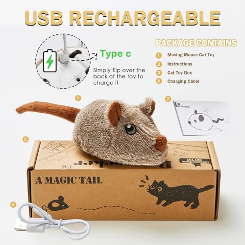 Cat Toys Squeaky Rechargeable Moving Mouse with Dynamic Magic Tail, Automatic Self Play Mouse Interactive Cat Toy for Indoor Cats, Kitten's Electric Multi-Mode Activated Mouse Toy (Brown) - color: Sienna Brown