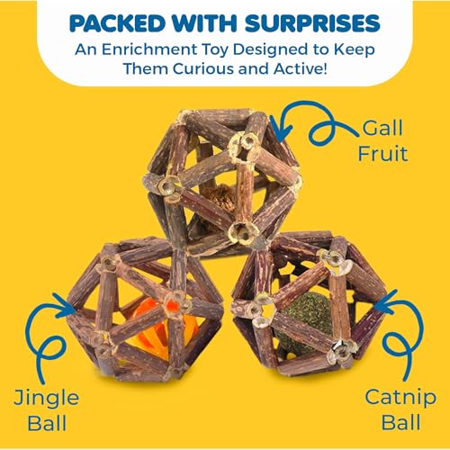 SunGrow Silverine Balls for Cats, Engaging and Interactive Pet Enrichment, Gall Fruit, Catnip, Bell Ball, Cool Pal Feline Toy, Christmas Stocking Stuffers, Brown, 2.5” (Diameter), 3 Pieces per Set