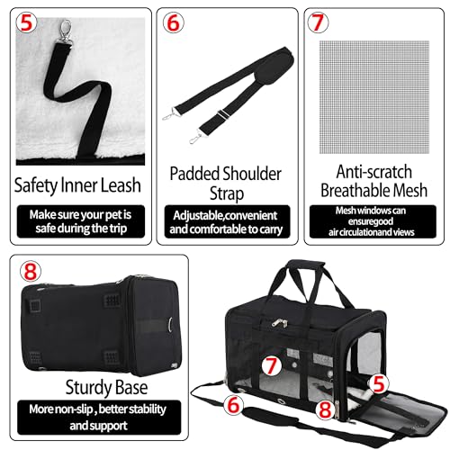 Soft Sided Cat/Dog Carrier,Collapsible Pets Travel Carriers for Pet/Puppy with Shoulder Strap & Removable Mat,Mesh Top Load Small Dogs/Cats Carry Bag Up to 17 Lbs TSA Airline Approved（Black,M） - size: M Black
