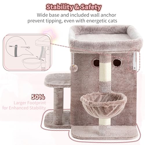 Heybly Cat Tree, 25.6-inch Cat Tower with Spacious Top Perch for Large Cats, Stair-Style Cat House Furniture with Dual-Layer Condos, Sisal Scratching Posts, Cozy Basket & Pompom, Muchroom HCT204SMU - color: Muchroom, size: 25.6 inch