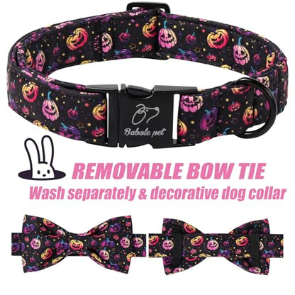 Halloween Dog Collar with Bow Tie - Cute Halloween Black Spooky Pumpkin Dog Collars, Adjustable Metal Buckle Bowtie Collar for Small Medium Large Boy Girl Dogs XS - color: B-Spooky Pumpkin, size: XS