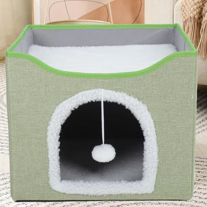 Foldable Cat House, 2 Layer Collapsible Kitten House Multifunctional Cat Cave Bed Soft Cat Scratcher House, Cat Bed Cave Cat Cubes Cat Hideaway for Indoor Cats(Light Green) - color: Light Green