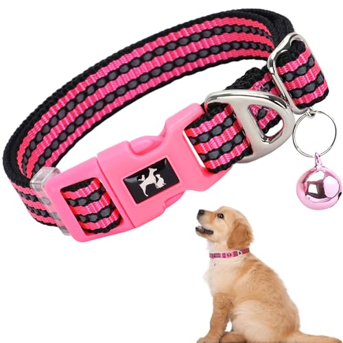 Puppy Collar with Bell - Reflective Adjustable Nylon Dog Collar for Small Dogs, Night Safety Collar for Chihuahua, Pomeranian - Pink XS - color: P, size: XS (Neck 7"-9")