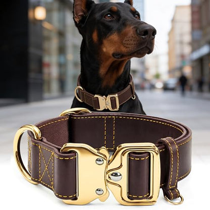 AssuredLock Leather Dog Collar, 1.5” Wide, Smooth Quick-Release Buckle with Adjustable Design, Heavy-Duty Handcrafted Collars for Large Dogs, Brown Gold-L - color: Brown-Gold, size: 17-28.5 In