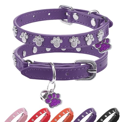 SCENEREAL Cat Collar with Bells, Leather Cat Collars with Paw Studded, Adjustable Pet Collars for Boy Girl Cats,Soft Cute Cat Collar for Kitty Puppy Small Big Cats, Purple - color: Purple