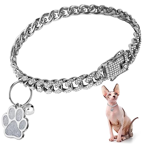 Hillban Cat Collar Diamond Chain Glitter Collar Walking Metal with Secure Buckle Cat Pet Necklace with Paw Charm and ID Tag Bell Link Cuban Jewelry Accessories Gift(8 Inch,Silver) - color: Silver, size: 8 Inch