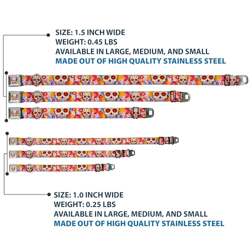 Dog Collar Seatbelt Buckle Sugar Skull Starburst White Multi Color 13 to 18 Inches 1.5 Inch Wide - size: 1.5" Wide - Fits 13-17" Neck - Small