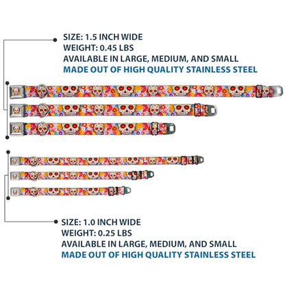 Dog Collar Seatbelt Buckle Sugar Skull Starburst White Multi Color 9 to 15 Inches 1.0 Inch Wide - size: 1" Wide - Fits 9.5-13" Neck - Small