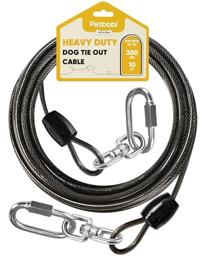 Petbobi Heavy-Duty Dog Tie-Out Cable - 10FT Extra Strong Wire Cable for Large Pets Up to 300Lbs, Rust Proof Dogs Leash with Carabiners and 360° Swivel, Pet Leads for Yard Camping Outside, Black - color: Black, size: 10FT