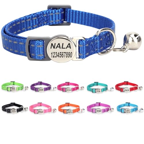 Engraved Personalized Cat Collar,Breakaway Safety Release Buckle,Reflective Kitten Collars with ID Name Tag,Adjustable Nylon Collar with Bell for Small Dogs Puppy Kitten Cat,Blue (7.5''-12.0'') - color: Blue