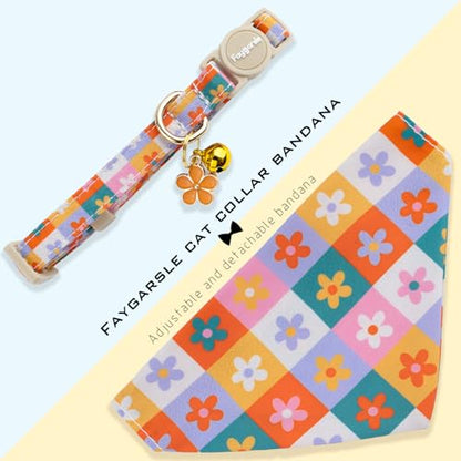 Faygarsle 2 Pack Floral Pattern Cat Collar Set with Bandana and Bow Tie, Breakaway Safety Buckle, Colorful Checkered Design - color: Colorful Plaid