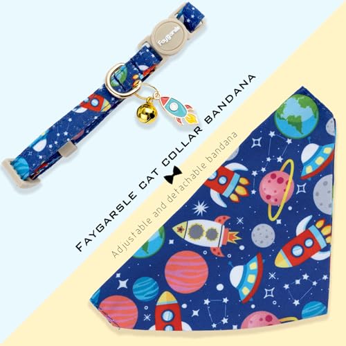 Faygarsle 2 Pack Space Theme Cat Collar Set with Bandana and Bow Tie, Breakaway Safety Buckle, Navy Blue with Rockets - color: Blue Space