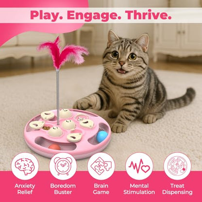 3 in 1 Cat Treat Puzzle Feeder, Level 3 Interactive Cat Puzzle Toy with Track Balls, Feather Teaser & Slow Feeder Insert, Non-Slip Base, Mental Stimulation for Bored Indoor Cats, Pink - color: Pink