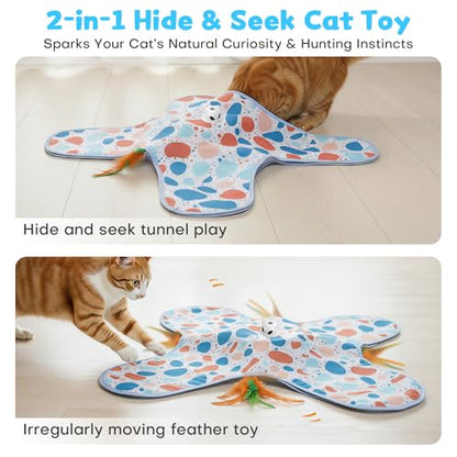 Interactive Cat Toys, Hide and Seek Cat Toy, 2 in 1 Automatic Moving Concealed Feathers for Indoor Cats, Non-Slip Suction, Touch Activated, USB Rechargeable, Blue - color: Blue