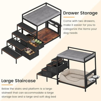 Saudism Dog Window Perch with 360° & Adjustable Raised Feeder, Pet Bunk Bed with Stair and Drawers, Elevated Platform Bed, Pet Elevated Seat with Cushion, Paw-Friendly Ladder