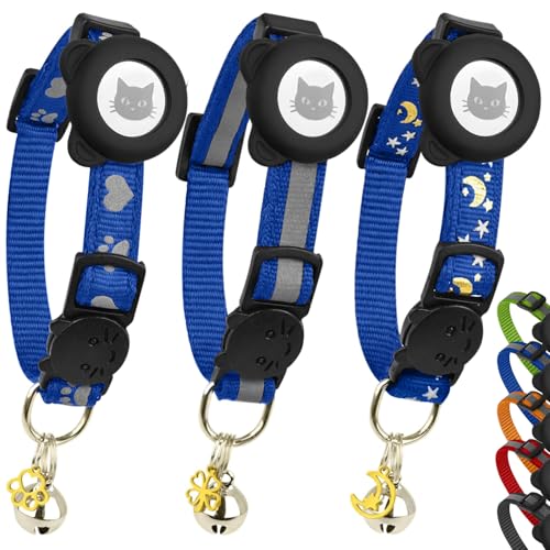 Cat Collar with AirTag Holders, 3-Pack, Reflective Breakaway Safety Collars, Bells and Matching Charms, Adjustable, Paw Hearts, Moon Stars Design, Lucky Charm, Blue - color: Blue