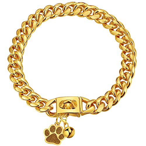 Cuban Link Dog Collar Gold Chain Dog Collar 12mm with Secure Snap Buckle 18K Gold Dog Chain Collars Metal Stainless Steel with Dog tag & Bell for Puppy Small Medium Large Dogs(18") - size: 18"(for 15" ~ 17" Neck)
