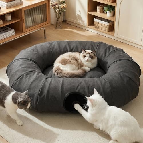 Extra Large Cat Tunnel, Cooling Natural Linen Big Tunnel for Large Cats, 47.2in Multi-Cat Family Long Cat Tunnel Bed with Washable Mat, Breathable & Durable Big Cat Tunnel for Cats, Dark Grey - color: Dark Grey, size: Large
