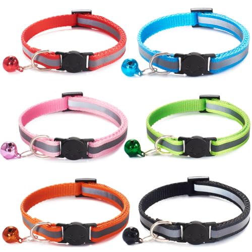 6 Pack Reflective Cat Collar with Bell, Breakaway and Safe Collars for Cats, Nylon, Pet Collar Mixed Colors Adjustable19-32cm - color: Multicolor