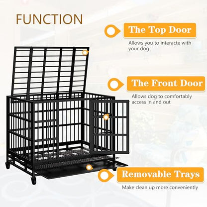 JY QAQA 48/38 Inch Heavy Duty Indestructible Dog Crate Double Doors Escape Proof Cage Kennel,Enhanced Metal Pet Cage,Extra Large XL XXL Crate Indoor for Large Dog with Removable Tray,Lockable Wheels - size: 48.8"x 29.9"x 35.6"(XL)